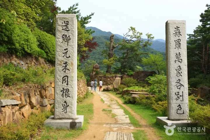서암정사 입구의 돌기둥과 숲길